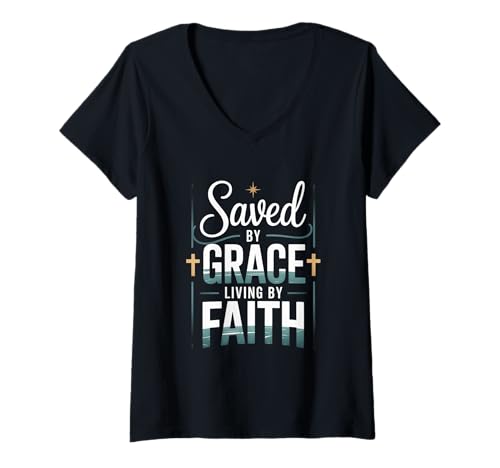 Damen Gespeichert von Grace Living von Faith Christian Streetwear T-Shirt mit V-Ausschnitt Damen Gespeichert von Grace Living von Faith Christian Streetwear T-Shirt mit V-Ausschnitt von Christian Streetwear Kingdom Apparel