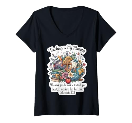 Damen Christian Teacher Teaching is My Ministry Floral Bibelvers T-Shirt mit V-Ausschnitt Damen Christian Teacher Teaching is My Ministry Floral Bibelvers T-Shirt mit V-Ausschnitt von Christian Teaching Is My Ministry Floral Products