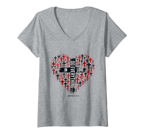 Damen Christliches Kreuz Herz Bibel Schrift Vers T-Shirt mit V-Ausschnitt von Christian Verse Creations