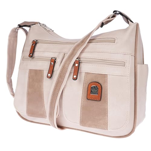 Christian Wippermann Damen Tasche Schultertasche Umhängetasche Crossover Bag Leder Optik Handtasche Schwarz Beige-Hell von Christian Wippermann