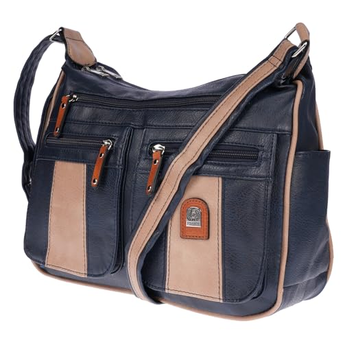 Christian Wippermann Damen Tasche Schultertasche Umhängetasche Crossover Bag Leder Optik Handtasche Schwarz Blau-Apricot von Christian Wippermann