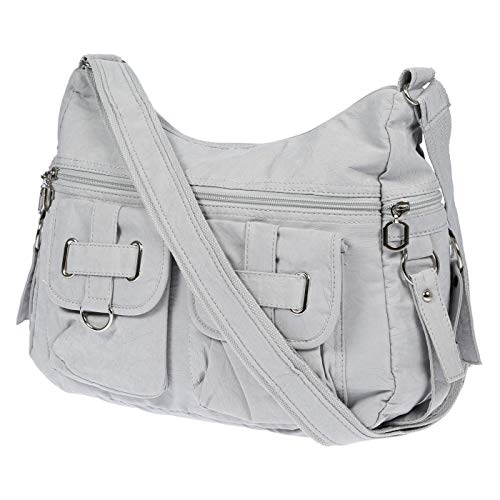 Christian Wippermann Große Canvas Umhängetasche Damen - Stofftasche mit Reißverschluss - 32x26x13 cm - Verstellbarer Trageriemen bis 135 cm - Mehrere Fächer, Hellgrau - Luxuriöse Schultertasche von Christian Wippermann