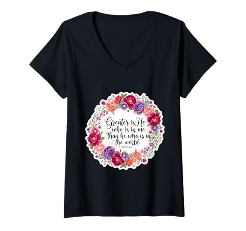 Damen Christliche Frau Bibelvers Jesus Greater is He Who is In Me T-Shirt mit V-Ausschnitt Damen Christliche Frau Bibelvers Jesus Greater is He Who is In Me T-Shirt mit V-Ausschnitt von Christian Woman Greater Is He Who Is In Me Merch