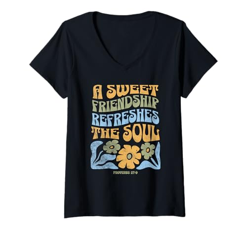 Damen A Sweet Friendship Refreshes The Soul Boho Retro Bibelvers T-Shirt mit V-Ausschnitt Damen A Sweet Friendship Refreshes The Soul Boho Retro Bibelvers T-Shirt mit V-Ausschnitt von Christian Women Faith Scripture Retro Boho Floral