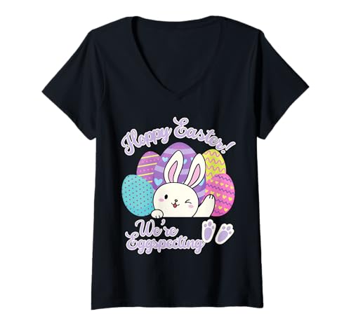 Damen Hoppy Easter We're Eggspecting Egg Schwangerschaftsankündigung T-Shirt mit V-Ausschnitt von Christian Womens Positive Pregnancy Affirmations