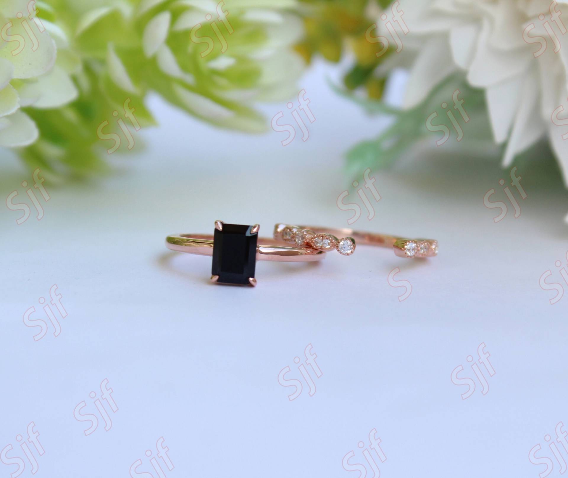 1.20Ct, Aaa Natürlicher Schwarzer Onyx Edelstein Verlobungsring Set, Antiker Stein Ring Set Für Frau, Braut Moissanite Geschenk Sie von ChristianMint