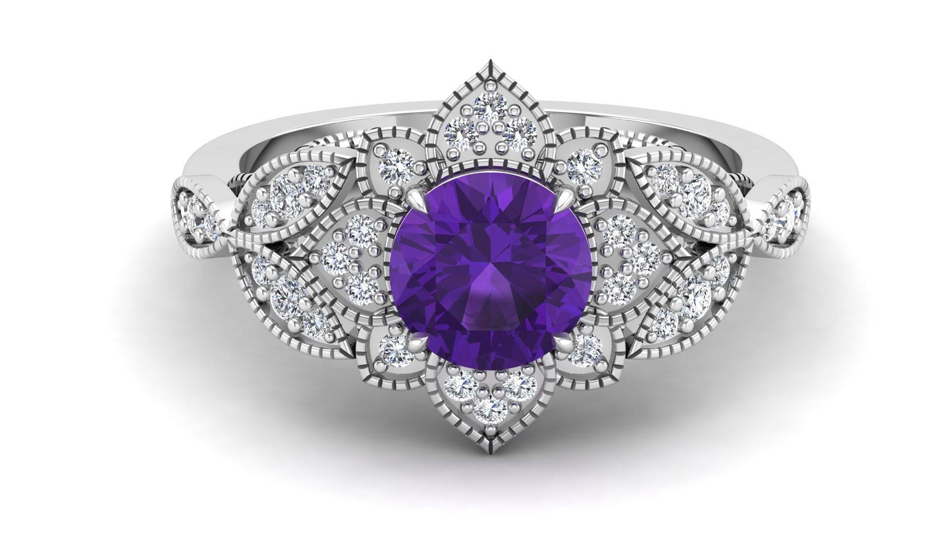 1.25Cts Aaa Natürlicher Amethyst Verlobungsring, Vintage Art-Deco-Braut Moissanit Ring, Birthstone Ring Für Sie, Blumen Natur Inspiriert von ChristianMint