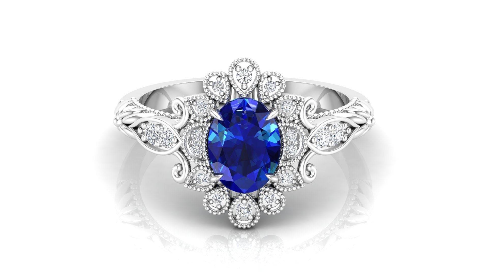 1.30 Ct. Blauer Saphir Oval Form Verlobungsring, Solitär Ehering Für Liebe, Blumenring Naturliebhaber von ChristianMint