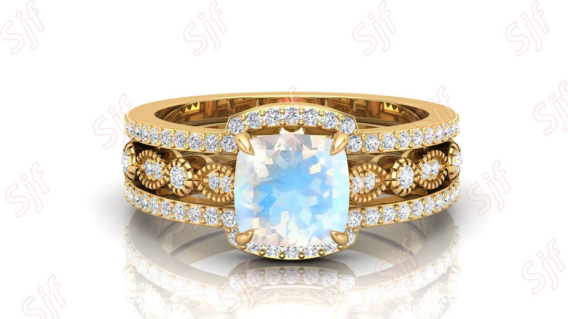 1.35Ct Natürlicher Regenbogen Mondstein Ehering Set, Schönes Geburtstagsgeschenk Für Frau, Moissanit Ring Set Pave Einstellung, Frauen Schmuck von ChristianMint