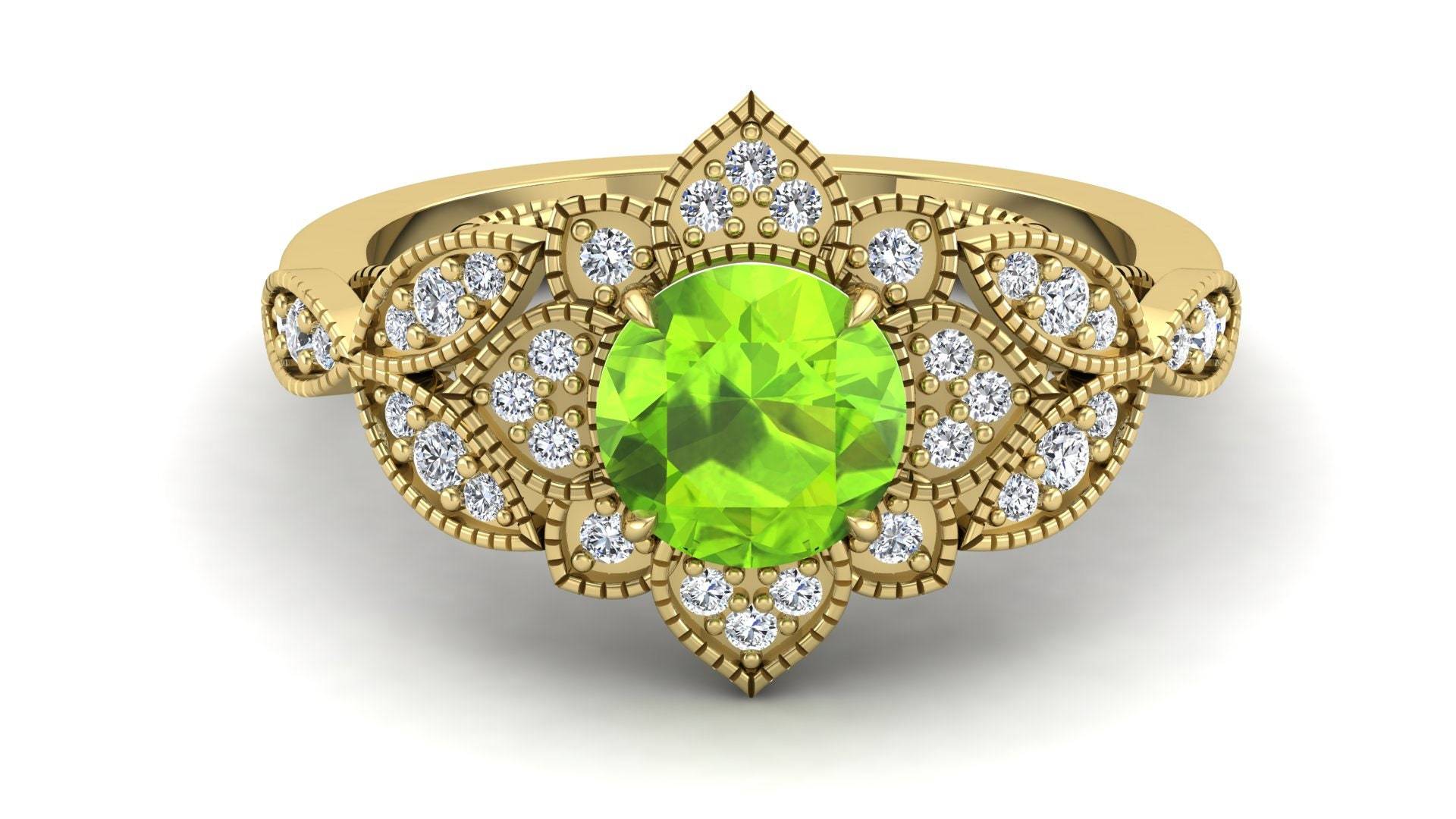 1.40Ct Aaa Natürlicher Peridot Verlobungsring, Vintage Art Deco Braut Moissanite Ring, Grüner Stein Antik Floral Natur Inspiriert Ring von ChristianMint