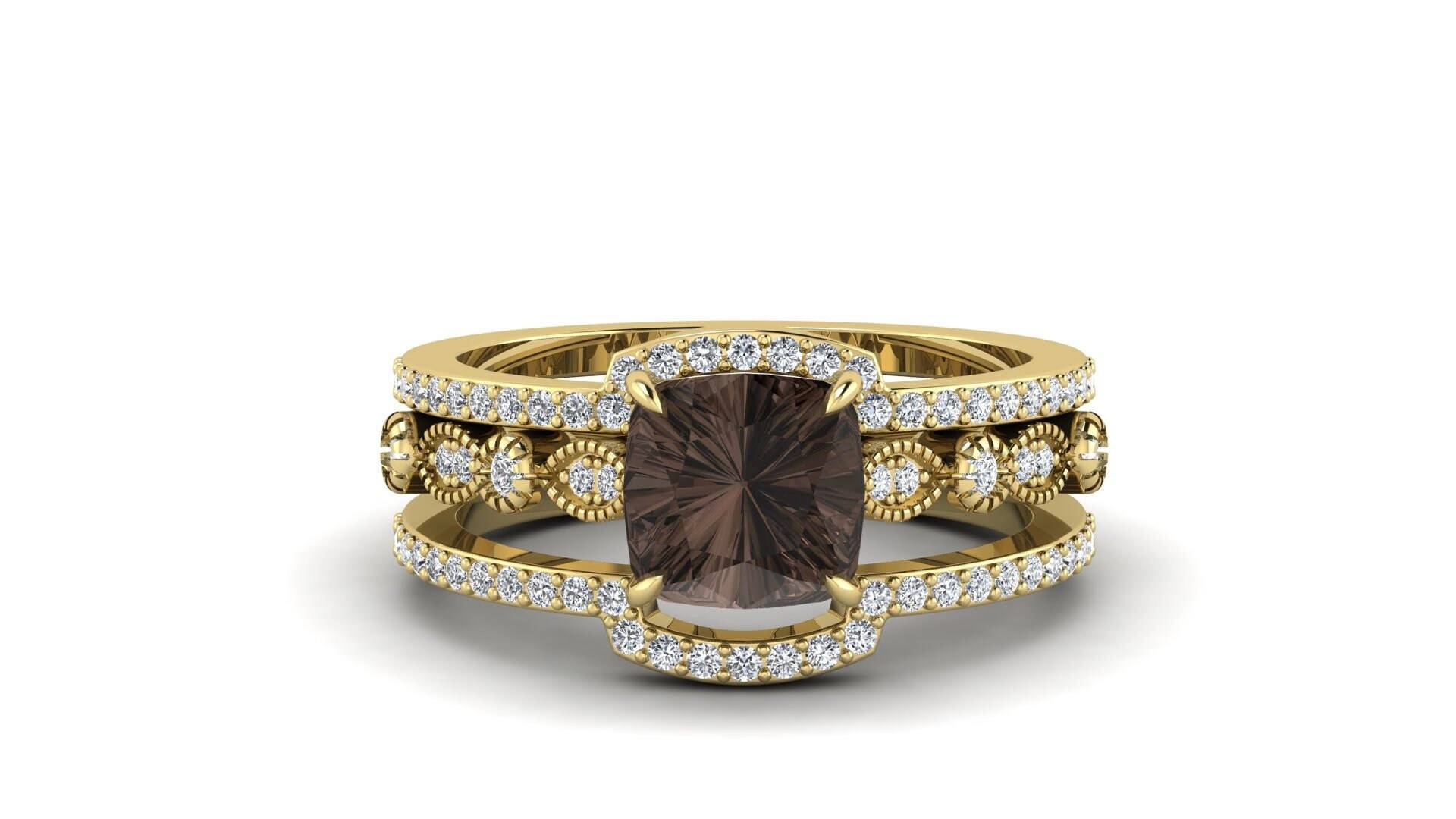 1.52Ct, Aaa Natürlicher Smokey Quarz Edelstein-Verlobungsring Set, Art-Deco-Moissanite Ring Brown Stone 3Er Geschenk Zum Geburtstag von ChristianMint