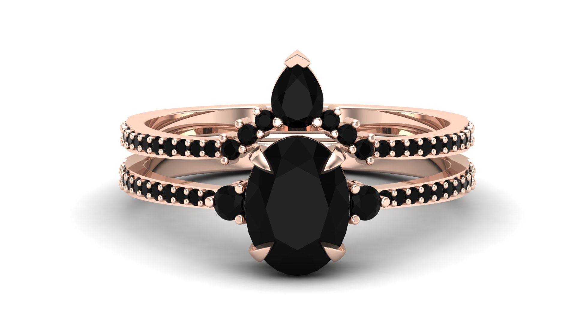 1.65Ct Natürlicher Schwarzer Onyx Edelstein Und Pave Set Schwarz Spinal in 14K Rose Gold-Plattierte Verlobungsring Set, Geschenk Für Geburtstag von ChristianMint