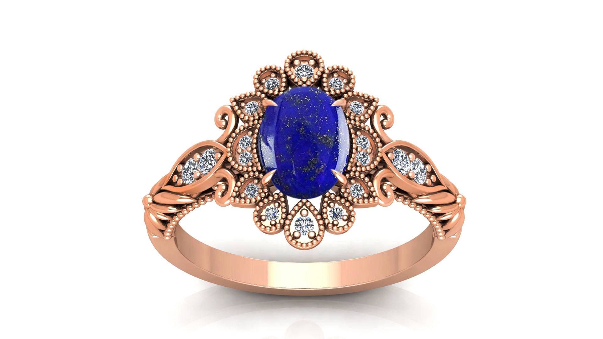 1.70Ct, Aaa Natürlicher Lapis Lazulli Cab Verlobungsring, Moissanite Ring, Inspire Filigraner Ring Für Sie, Blumenring von ChristianMint