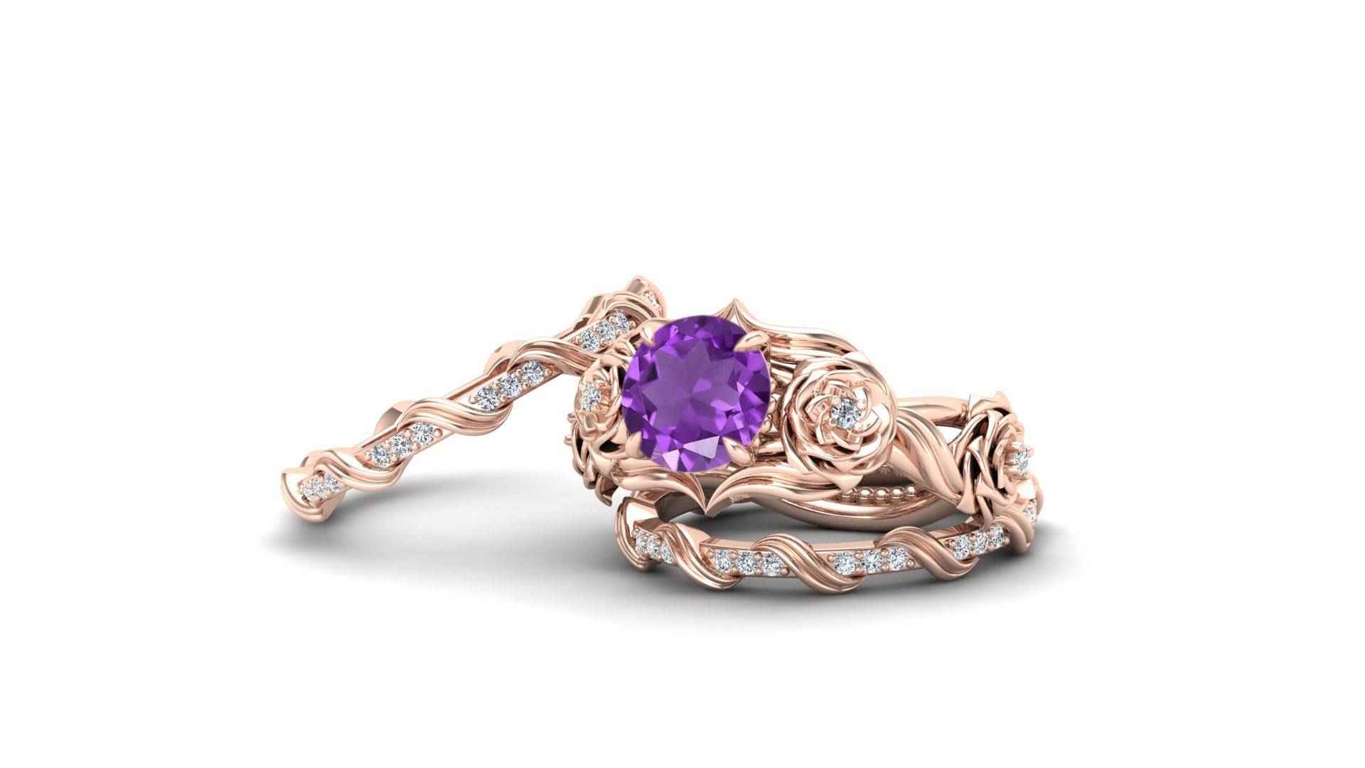 1.80Ct Natürlicher Aaa Amethyst Edelstein-Hochzeits-Ring-Set, Braut Moissanite Ring-Set Für Frau, 3Er Blumenblumen-Ring-Set, Geschenk Geburtstag von ChristianMint