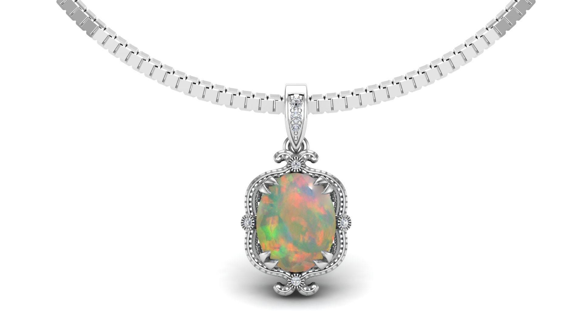 1.90 Cts. Natürlicher Opal Edelstein Anhänger, Oval Form 18-Zoll-Box-Kette Mit Federring, Moissanit Weihnachtsgeschenk Für Die Liebe von ChristianMint