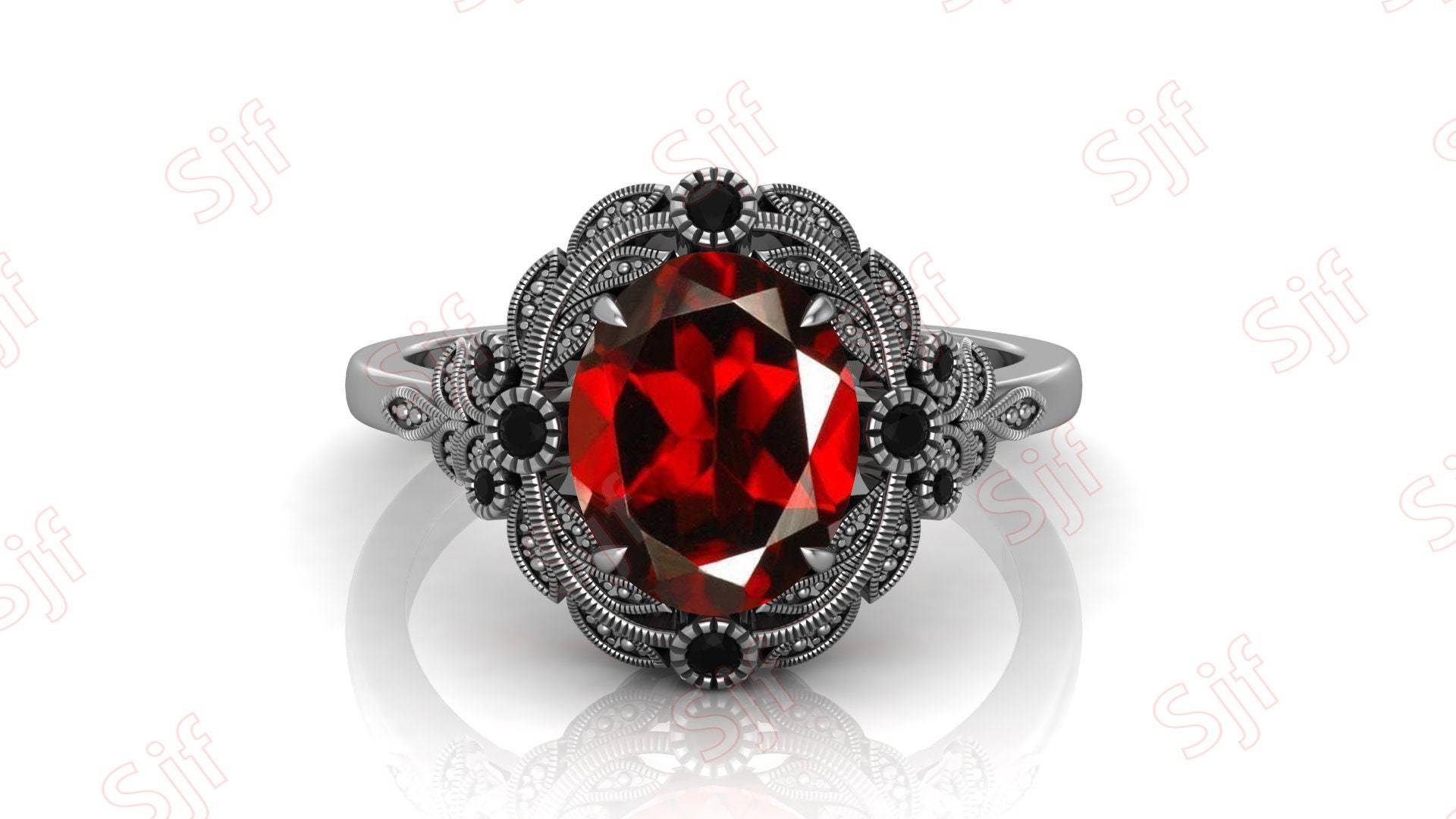 2 Ct Ovaler Roter Granat Ring, Hochzeit Vintage Art Deco Blumen Ring Für Sie, Rose Blume Schmuck. Schwarzer Goldring , Geschenk Frau Geburtstag von ChristianMint