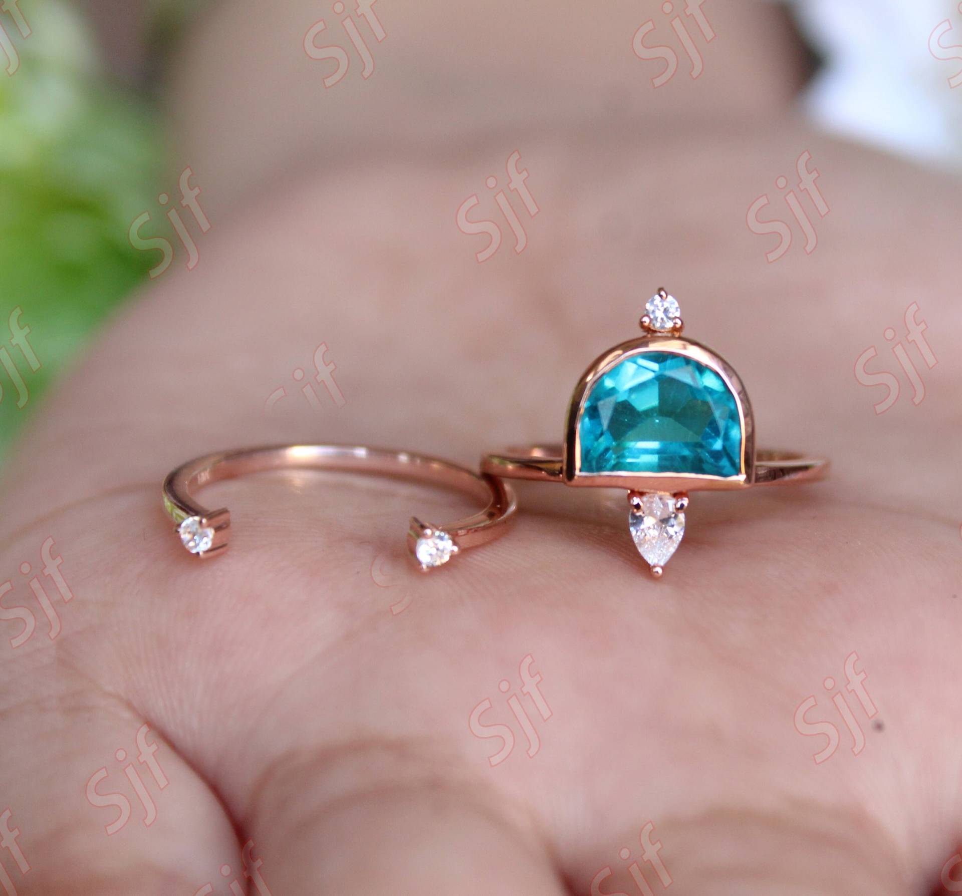 2 Stück Ehering, Paraiba Turmalin Ring Set, Antike D Form Stein Ring, Statement Einfassung Set Birthstone Für Liebe von ChristianMint