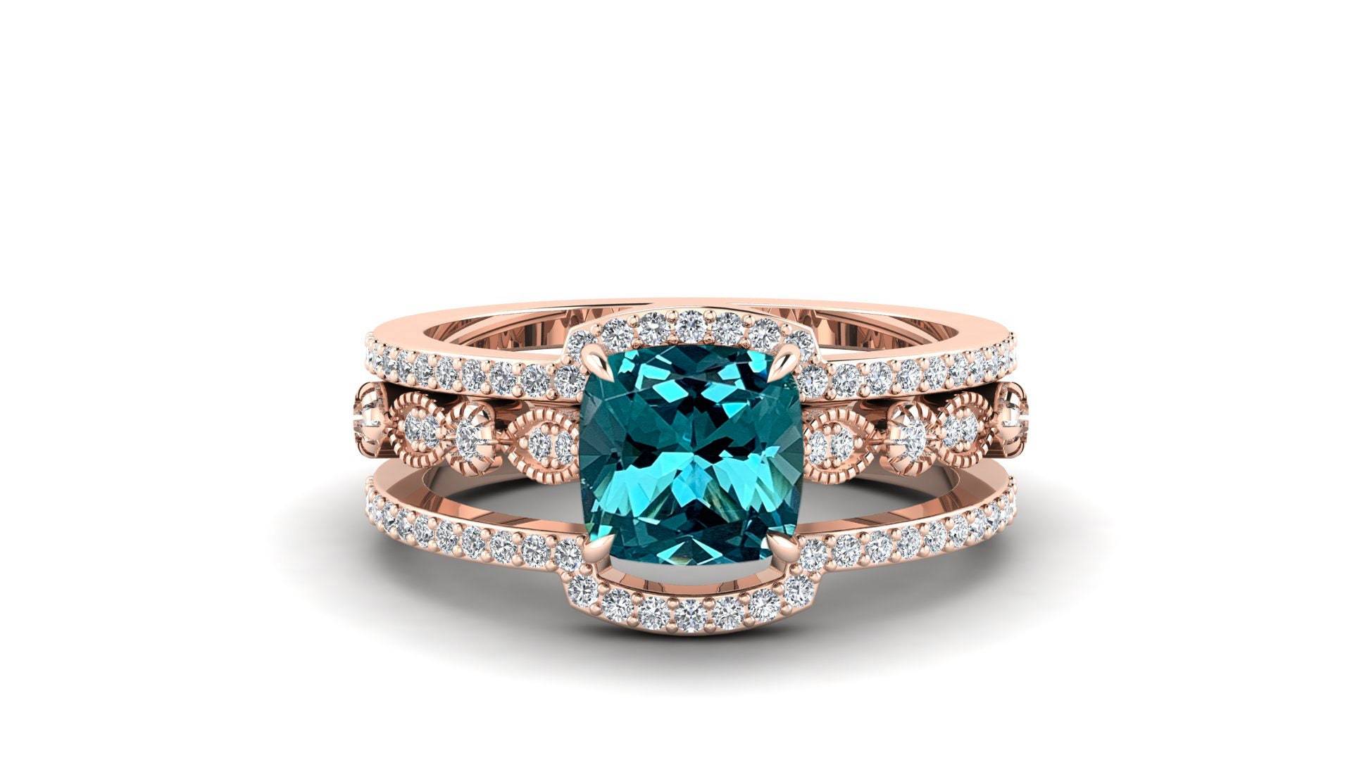 2.00Ct, Paraiba Turmalin Edelstein Verlobungsring Set, Art-Deco Moissanit Ring Versprechen Ring, Paar Geschenk Für Mutter von ChristianMint