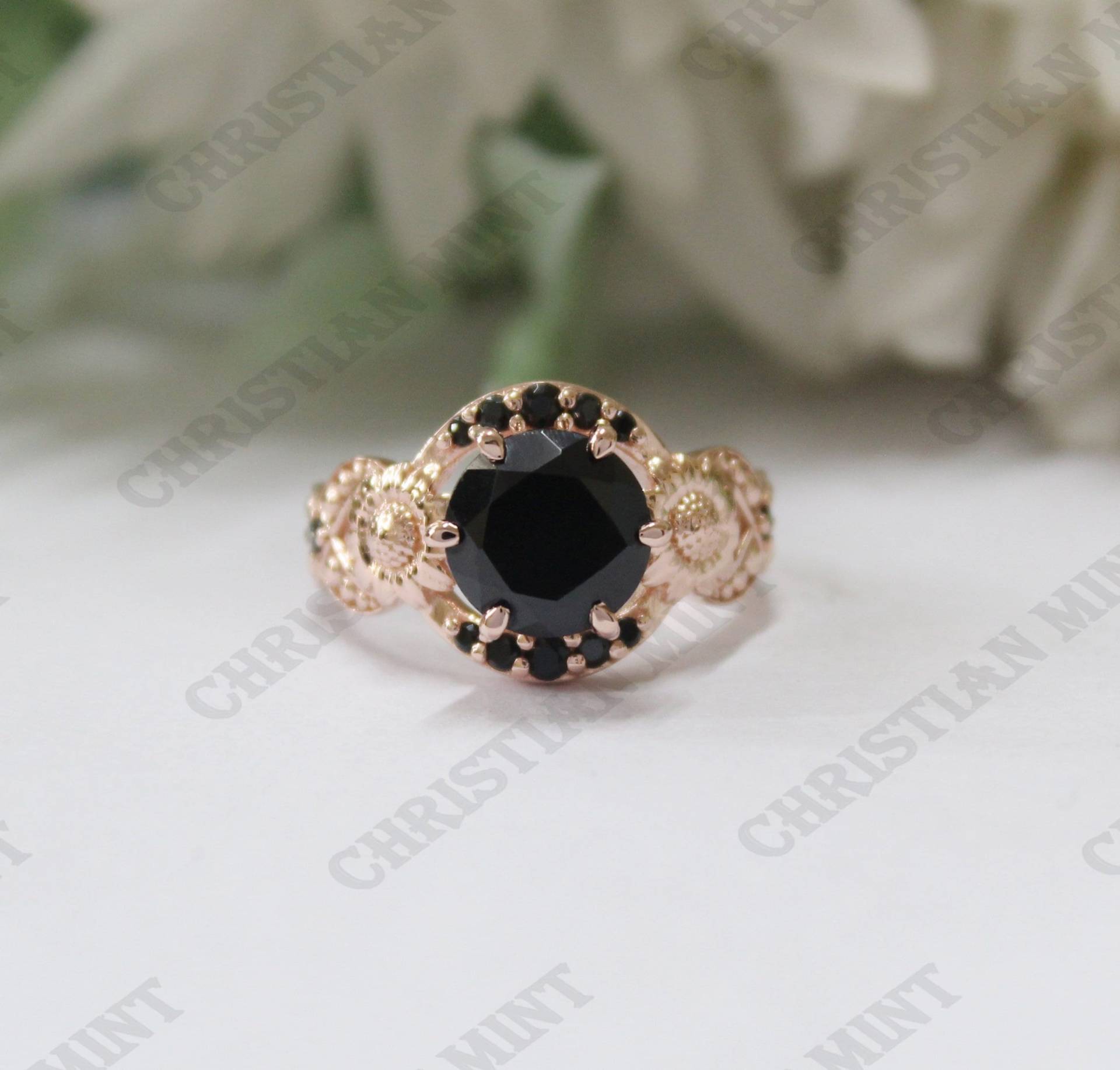 2.30Ct, Aaa Natürlicher Schwarzer Onyx Verlobungsring, Braut Wirbelsäulenring, Art Deco Sonnenblumenring, Steinring, Geschenk Zum Valentinstag von ChristianMint