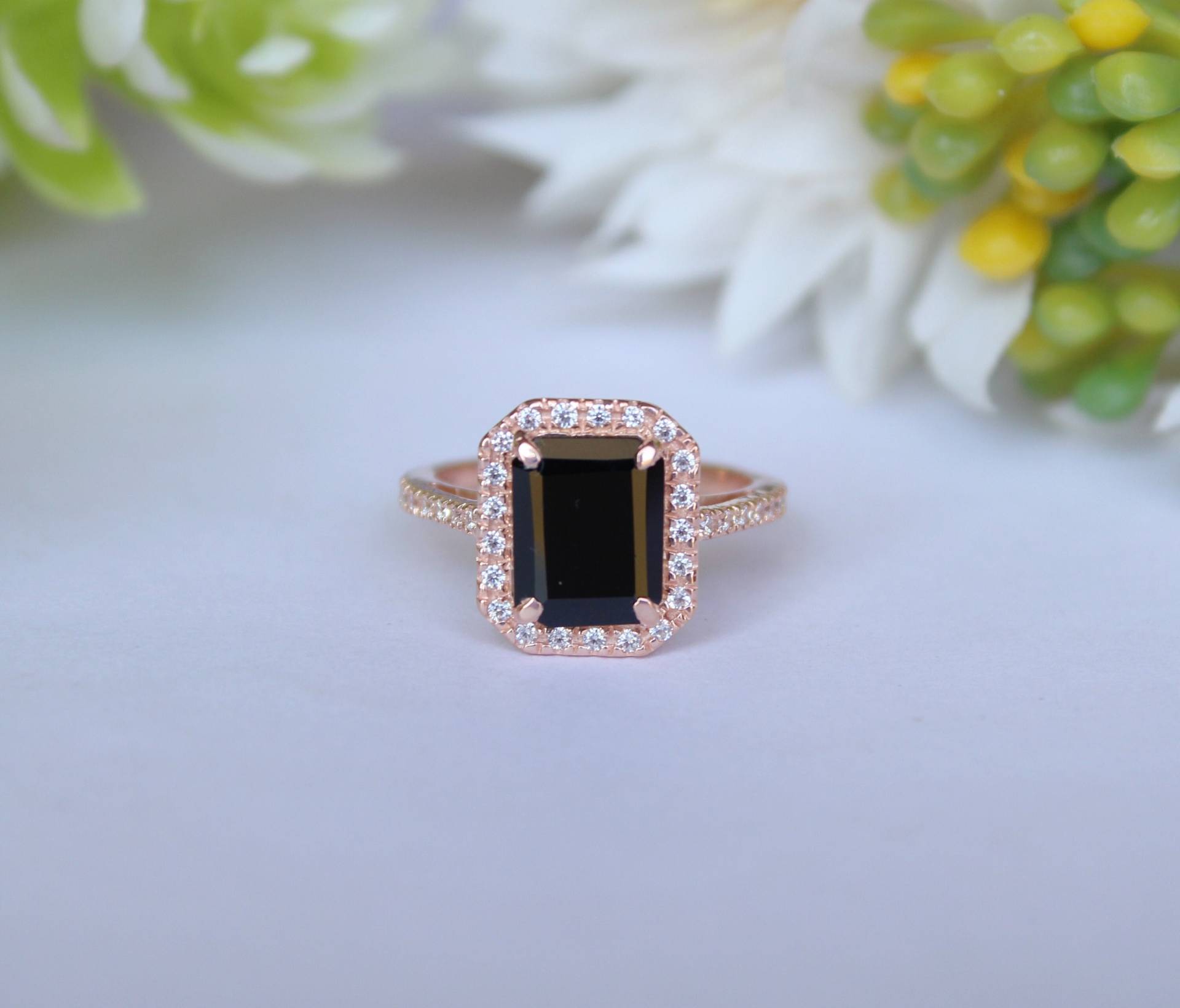 3, 70Cts, Natürlicher Schwarzer Onyx Edelstein Ehering, Braut Moissanite Ring, Halo Solitär Stein Geschenk Für Valentine von ChristianMint