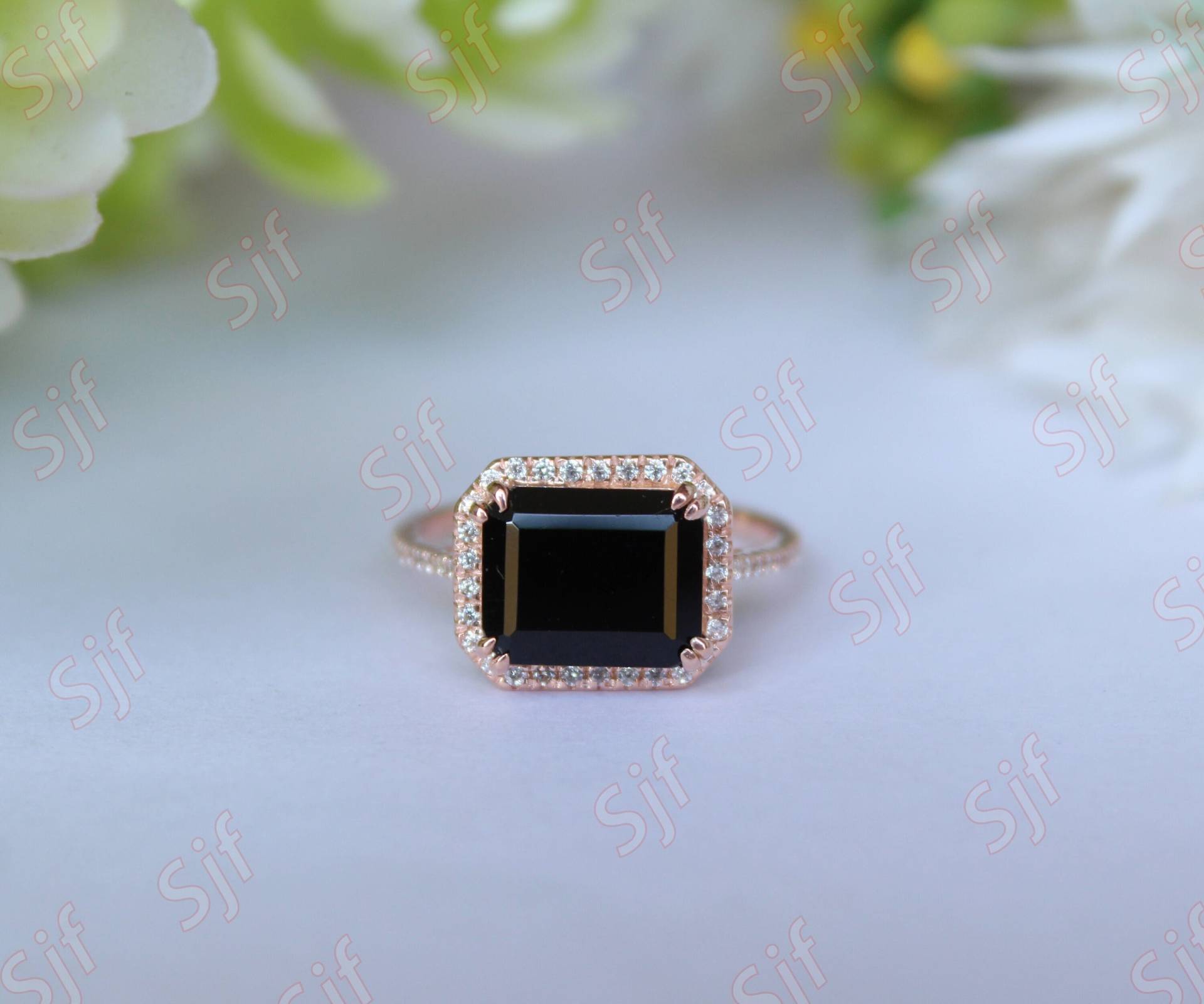 4.00Cts, Natürlicher Schwarzer Onyx Edelstein Verlobungsring, Art Deco Braut Moissanite Ring, Achteck Stein Geschenk Für Jahrestag von ChristianMint