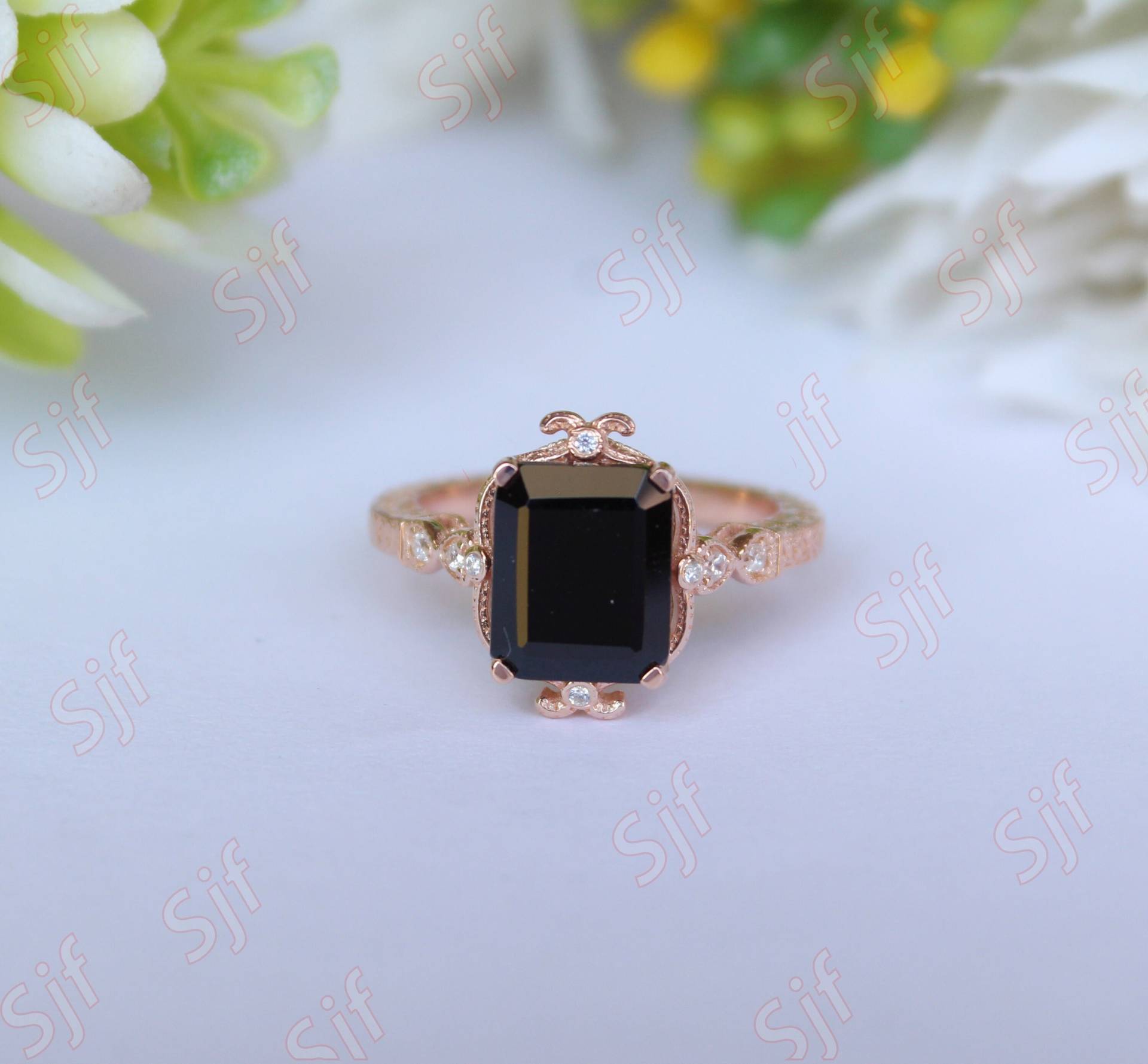 4.00Cts, Schwarzer Onyx Edelstein Verlobungsring, Art-Deco-Braut Moissanite Ring, Oktagon Geschenk Zum Valentinstag von ChristianMint