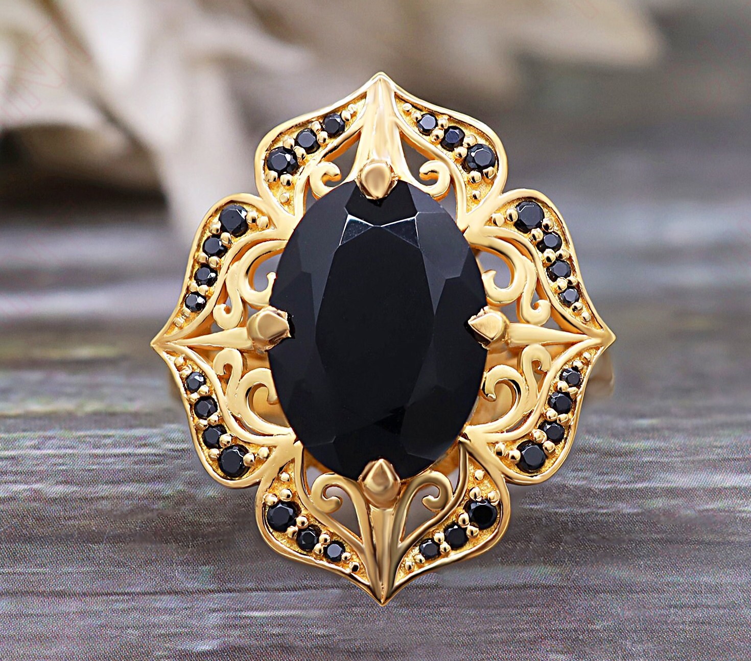 7.40Ct, Aaa Natürlicher Schwarzer Onyx Edelstein Verlobungsring, Braut Spinal Ring, Vintage Art Deco Blumen Geschenk Für Frau, Frau von ChristianMint