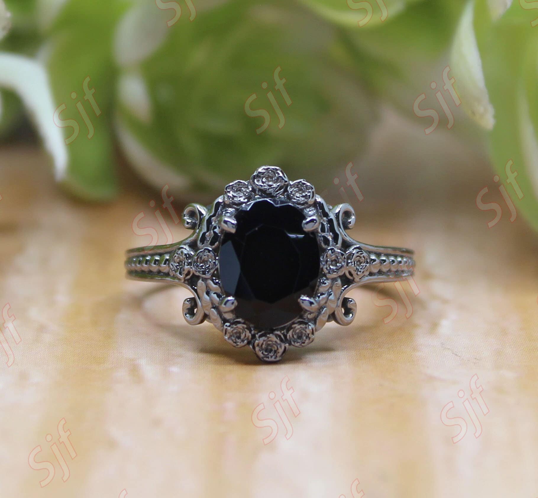 925 Schwarzer Onyx Ehering, Vintage Art Deco Blumenring Für Sie, Rosenblüten Ring Schmuck Wunderschöner Schwarzgoldener Ring, Geschenk Frau Zum von ChristianMint