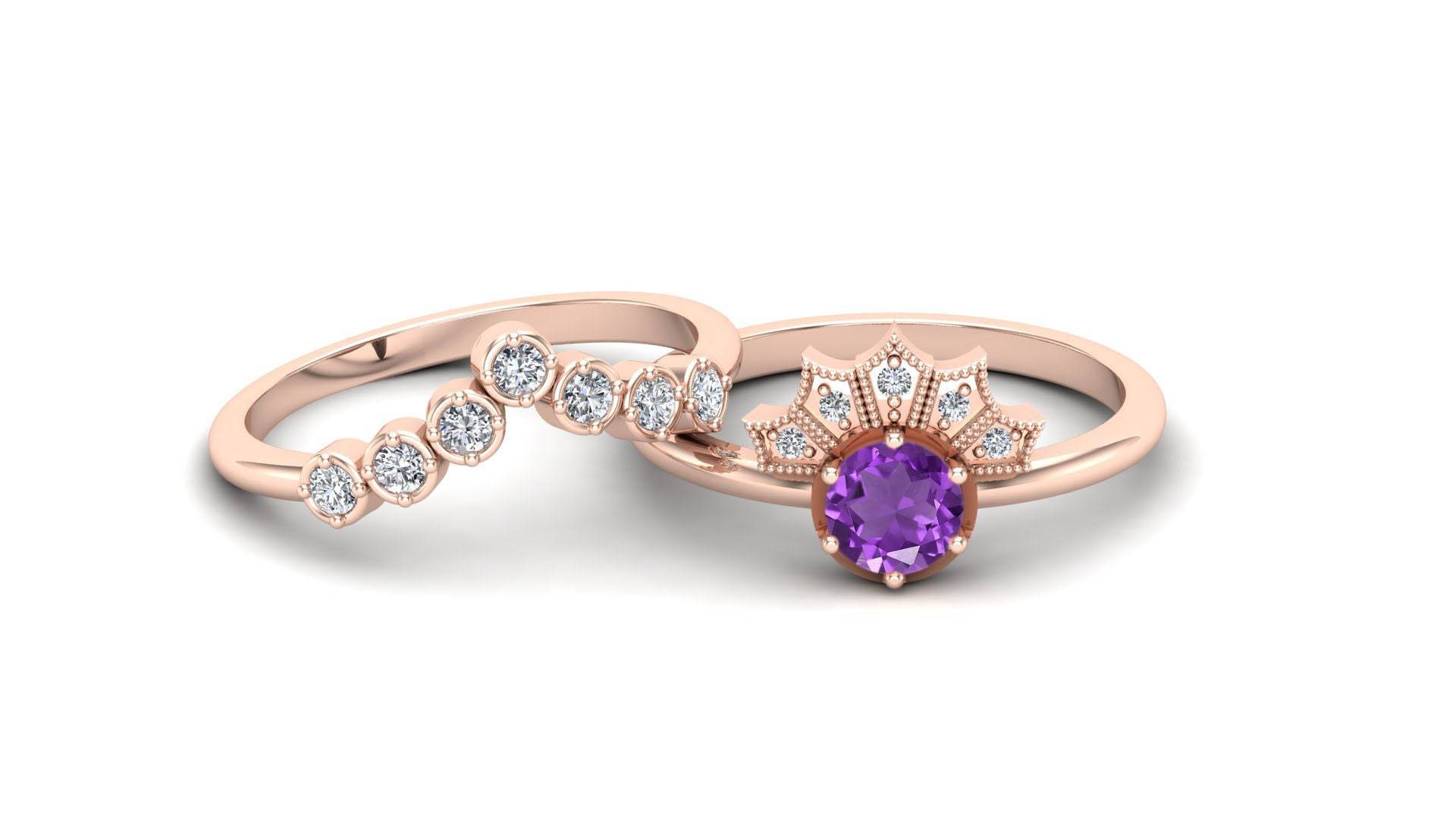 Amethyst-Verlobungsring-Set Für Frauen, Art-Deco-Ring-Set, Braut Moissanite-Ring-Set, Einzigartiger Runder Lila Stein-Ring-Set, Geschenk Crush von ChristianMint