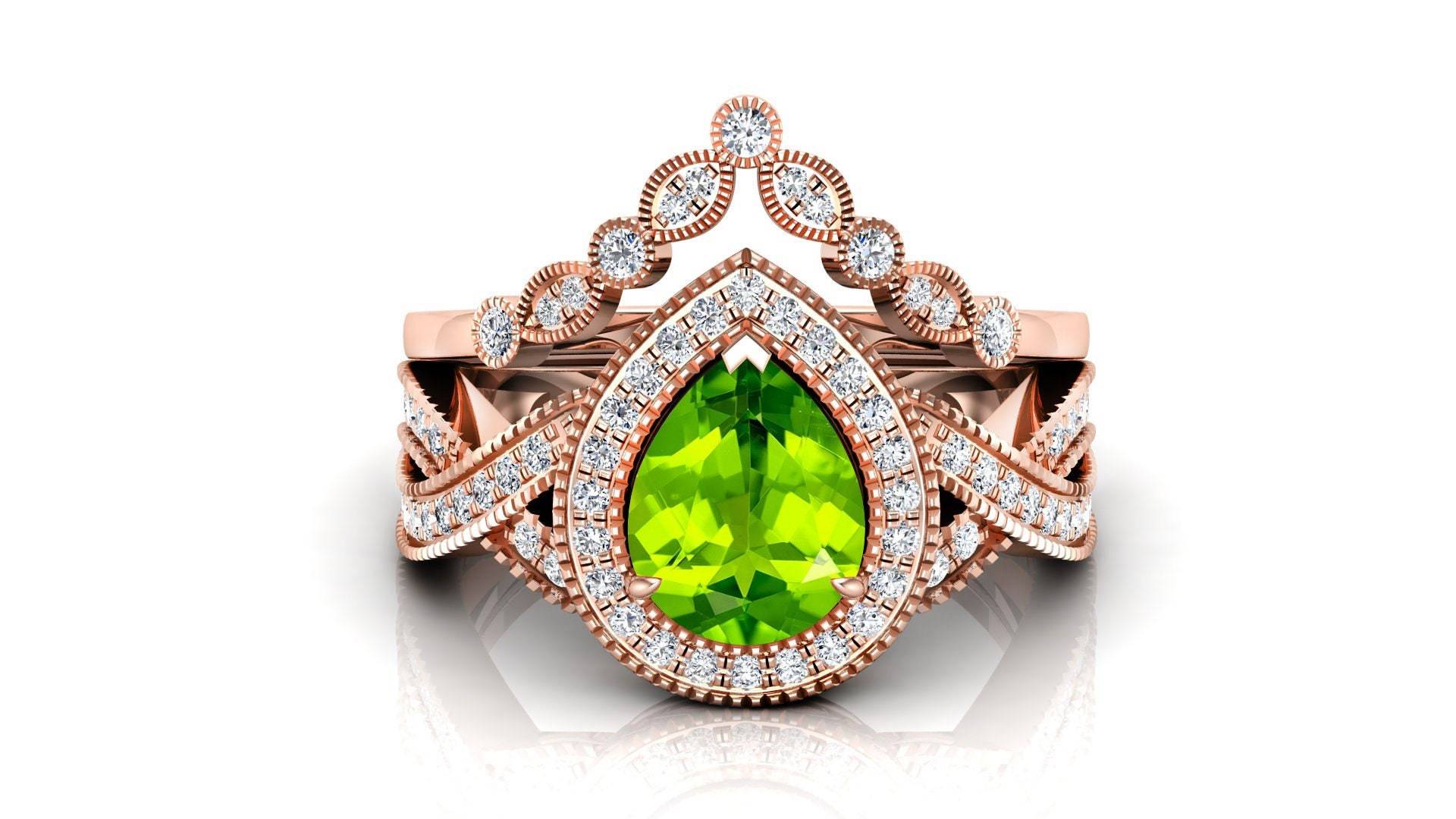 Birne 9x7mm Natürlicher Peridot Verlobungsring Set, 2 Stücke Hochzeit Ring Set Für Sie, Weihnachtsgeschenk Ring, Teardrop Birthstone Frauen von ChristianMint