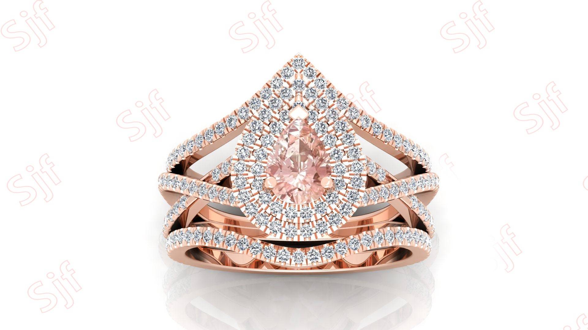 Morganit Ehering Schöne 2 Stücke Pfirsich Verlobungsring Set, Doppel Halo Vorschlag Ring Geschenk Für Liebe, Birthstone Schmuck von ChristianMint