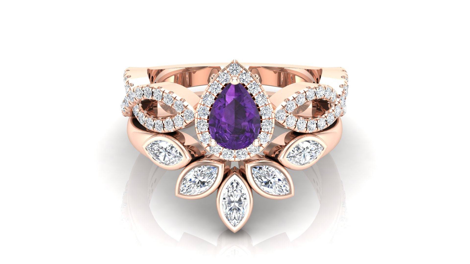 Natürlicher Amethyst Ehering Set, 2 Stück Braut Ring Lila Stein Alternative Cocktail Set Für Frauen von ChristianMint