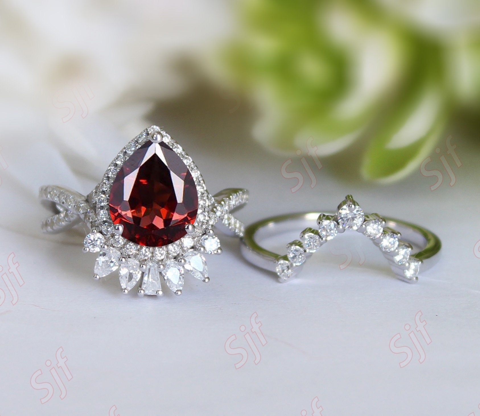 Natürlicher Roter Granat Ring, Schöner 2Pcs Halo Ehering Set Für Braut, Geschenk Weihnachten, Birthstone Ring Set, Teardrop Stein von ChristianMint