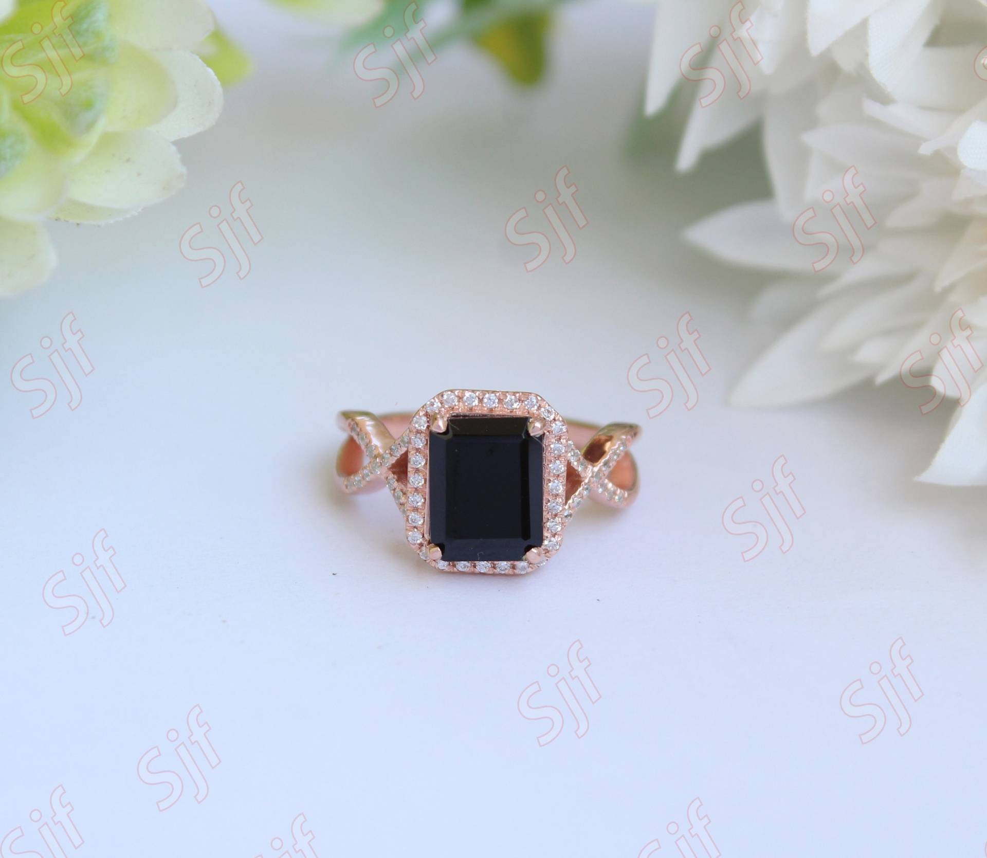 Natürlicher Schwarzer Onyx-Edelstein-Ehering, Braut-Moissanite-Ring, Halo-Ring, Solitärring, Steinring, Geschenk Für Jahrestag von ChristianMint