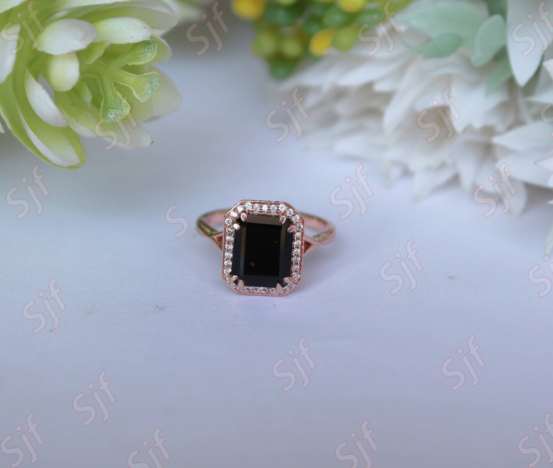 Natürlicher Schwarzer Onyx-Edelstein-Ehering, Braut-Moissanite-Ring, Halo-Ring, Solitärring, Steinring, Geschenk Zum Valentinstag von ChristianMint