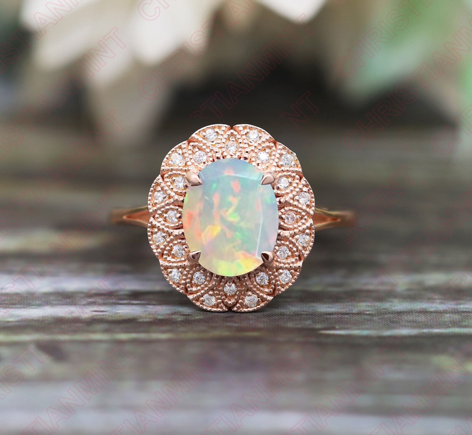 Opal Ring, Oval 10x8mm Natürlicher Hochzeit Brautring, Oktober Birthstone Antique Floral Blume Geburtstagsgeschenk Für Mutter von ChristianMint