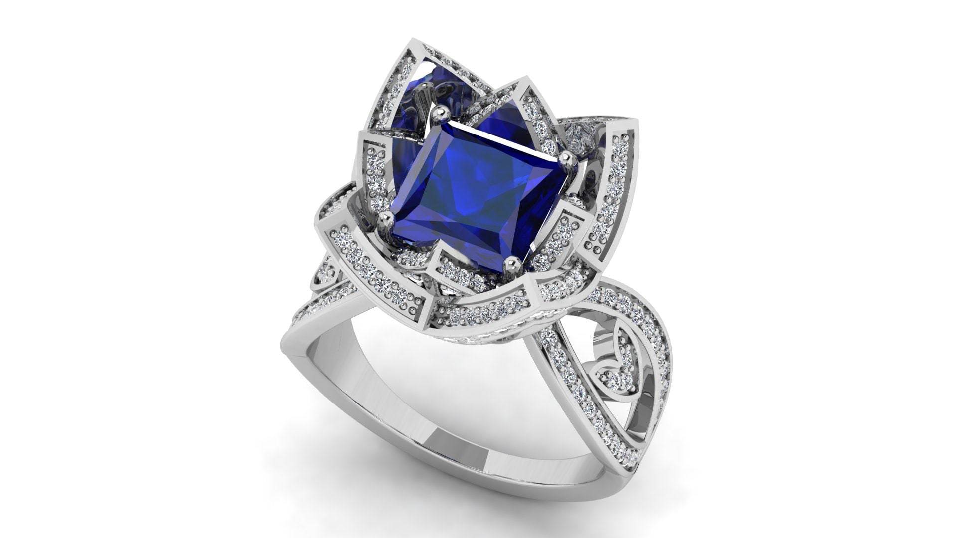 Princess Blue Sapphire Vintage Ring, Braut Verlobungsring, Art Deco Solitärring, Halo Blauer Stein Rhodium Benutzerdefinierte Ring von ChristianMint