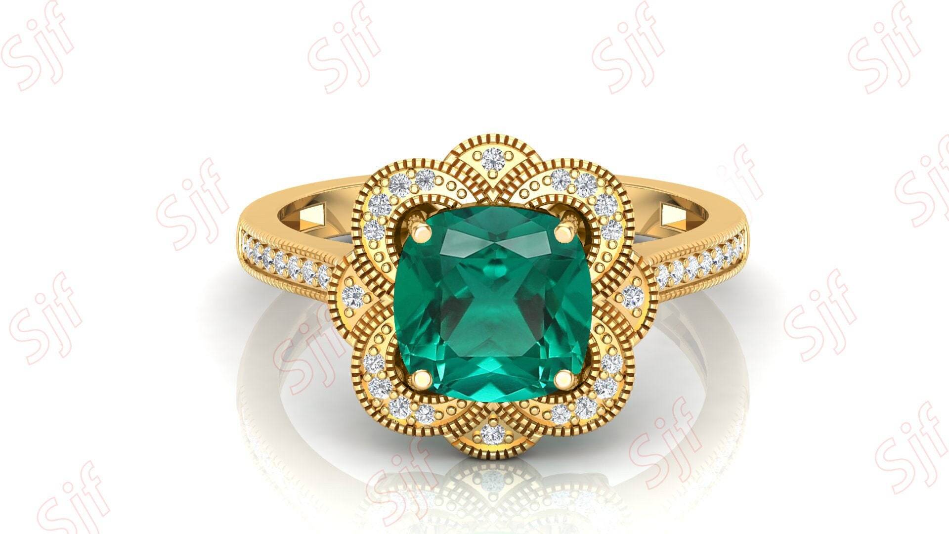 Smaragdring, Kissenförmiger Smaragd-Ehering Für Braut, Halo-Vorschlagsring, Birthstone-Frauenschmuck, Blumenblumenring Geschenk von ChristianMint