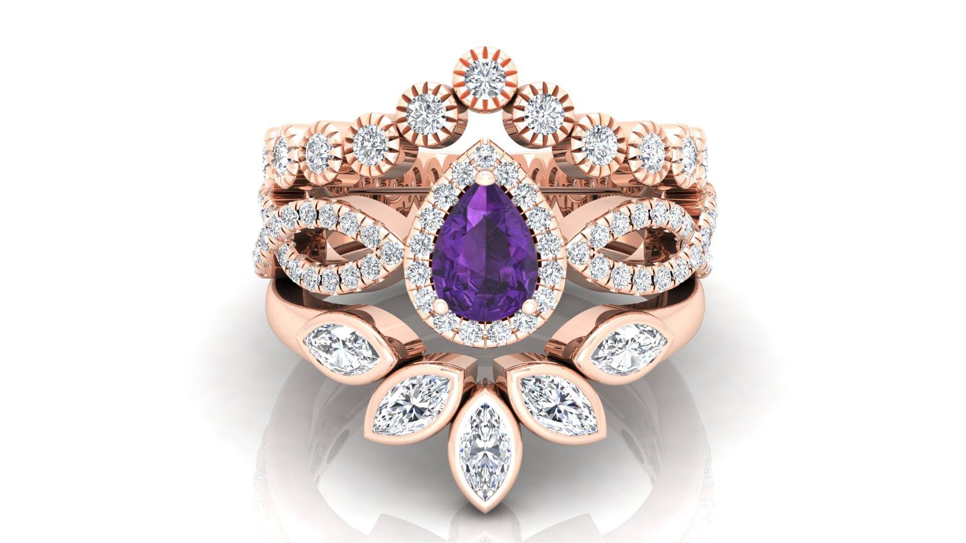 Vintage Art-Deco-Birne 7x5mm Natürliche Amethyst Verlobungsring Set, Schöne 3 Stücke Ehering Set Für Braut, Halo Frauen Weihnachtsgeschenk Ring von ChristianMint