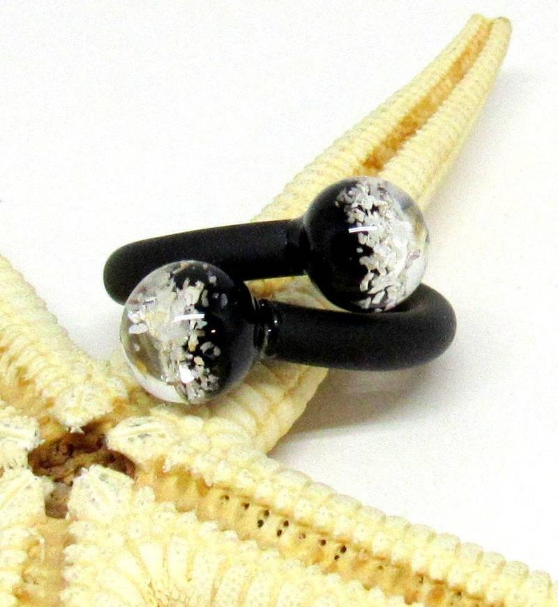 Kautschukring Mit Muranoglas, Lampwork, Verstellbar, Schwarz, Glitter, Mto, | Ring-0002 von ChristianeImkamp