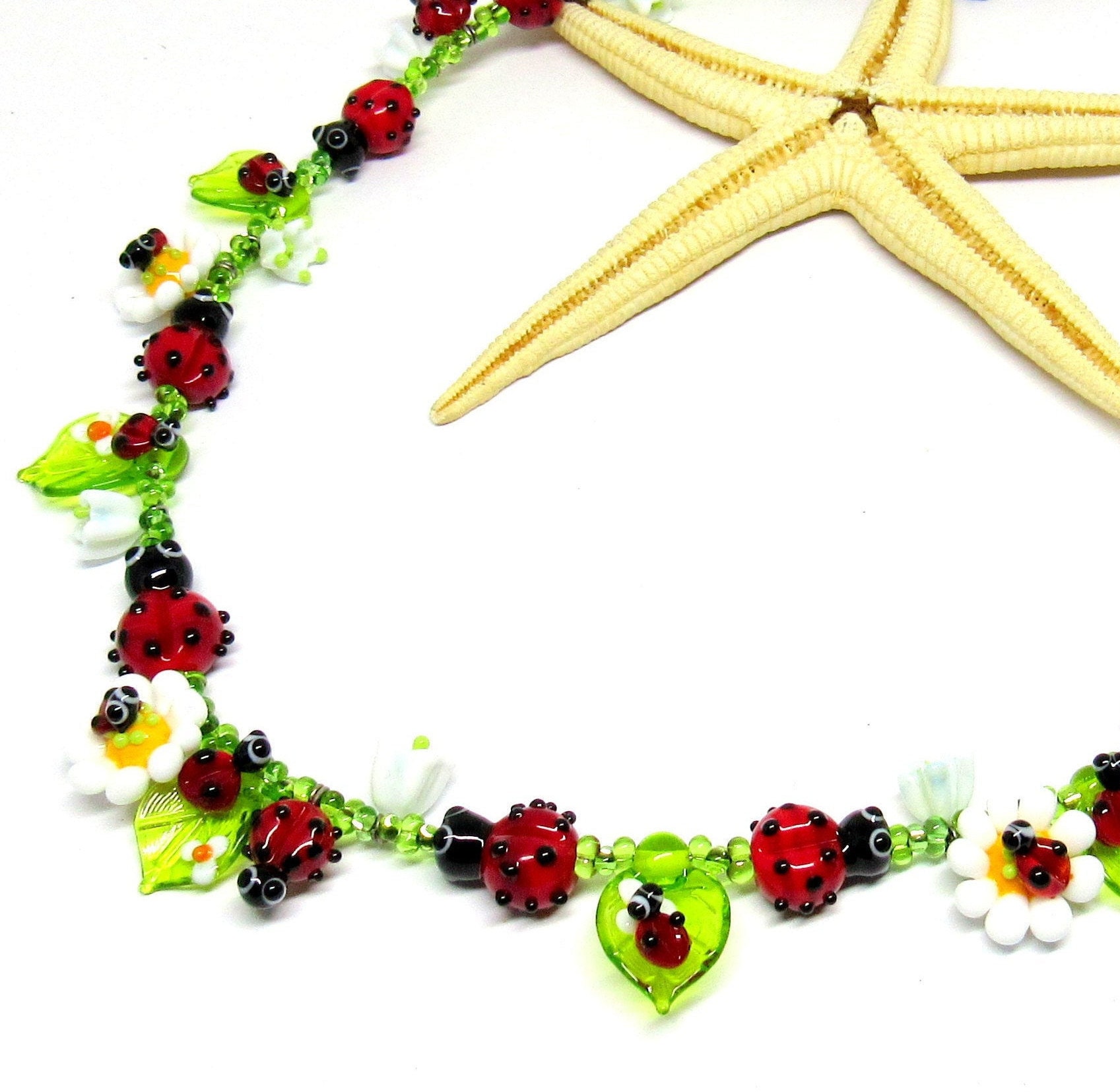 Muranoglas Collier, Marienkäfer, Blümchen, Glückskäfer, Wunschlänge, Lampwork, Anfertigung Nach Bestellung, | Kette-0018 von ChristianeImkamp