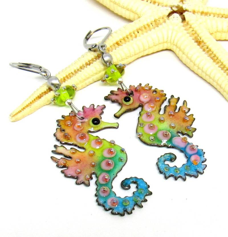 Ohrringe Seepferdchen, Kupfer-Elemente Emailliert, Brisur Edelstahl, Mto, | Ohrr-0064 von ChristianeImkamp