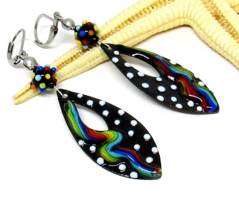 Ohrringe, Kupfer-Elemente Emailliert, Superleicht, Schwarz-Weiß-Bunt, Anfertigung Nach Bestellung, | Ohrr-0023 von ChristianeImkamp