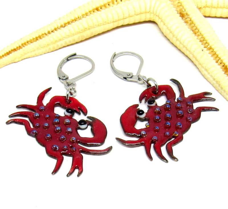 Ohrringe, Kupfer-Krabben Emailliert, Rot, Pünktchen, Leicht, Brisur Edelstahl, Mto, | Ohrr-0071 von ChristianeImkamp