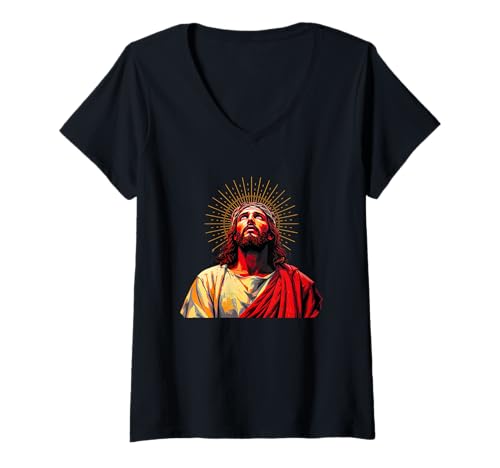 Damen Vintage Face of God Guides Jesus Christus Image Celestial T-Shirt mit V-Ausschnitt Damen Vintage Face of God Guides Jesus Christus Image Celestial T-Shirt mit V-Ausschnitt von Christianity Almighty Father And Son Apparel