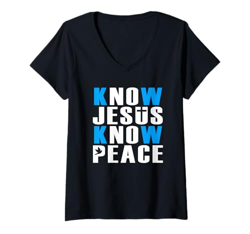 Damen Christ: Jesus kennen, Frieden, Religion, Gott, Kirche, Bibel T-Shirt mit V-Ausschnitt Damen Christ: Jesus kennen, Frieden, Religion, Gott, Kirche, Bibel T-Shirt mit V-Ausschnitt von Christianity Jesus Church Biblical Verse Scripture