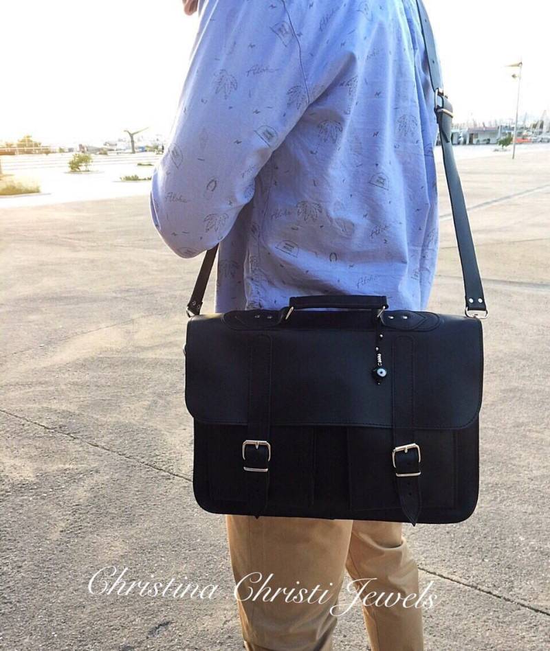 Schwarze Leder Umhängetasche, Laptop Aktentasche, Crossbody Geldbörse Herren, Made in Griechenland von ChristinaChristiJls