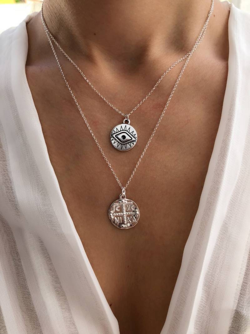 Silber Evil Eye Halskette, Christian Disc Anhänger, Layered Halsketten, Made in Griechenland von ChristinaChristiJls