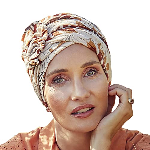 Christine Headwear Damen Lotus Turban - Printed Linen Headband, Beige Leafs, Einheitsgröße EU von Christine Headwear