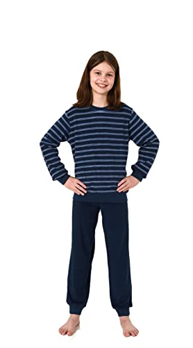 Mädchen Frottee Pyjama Langarm Schlafanzug mit Bündchen in Streifenoptik - 212 401 13 801, Farbe:Navy, Größe:146-152 von Christine Designer
